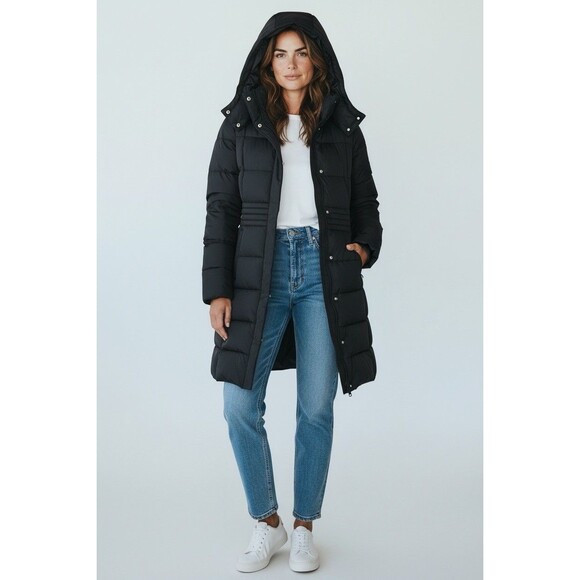 COLE HAAN LONG DOWN COAT JACKET WOMENS SMALL PETITE NAVY PARKA LONG JACKET - Picture 1 of 14